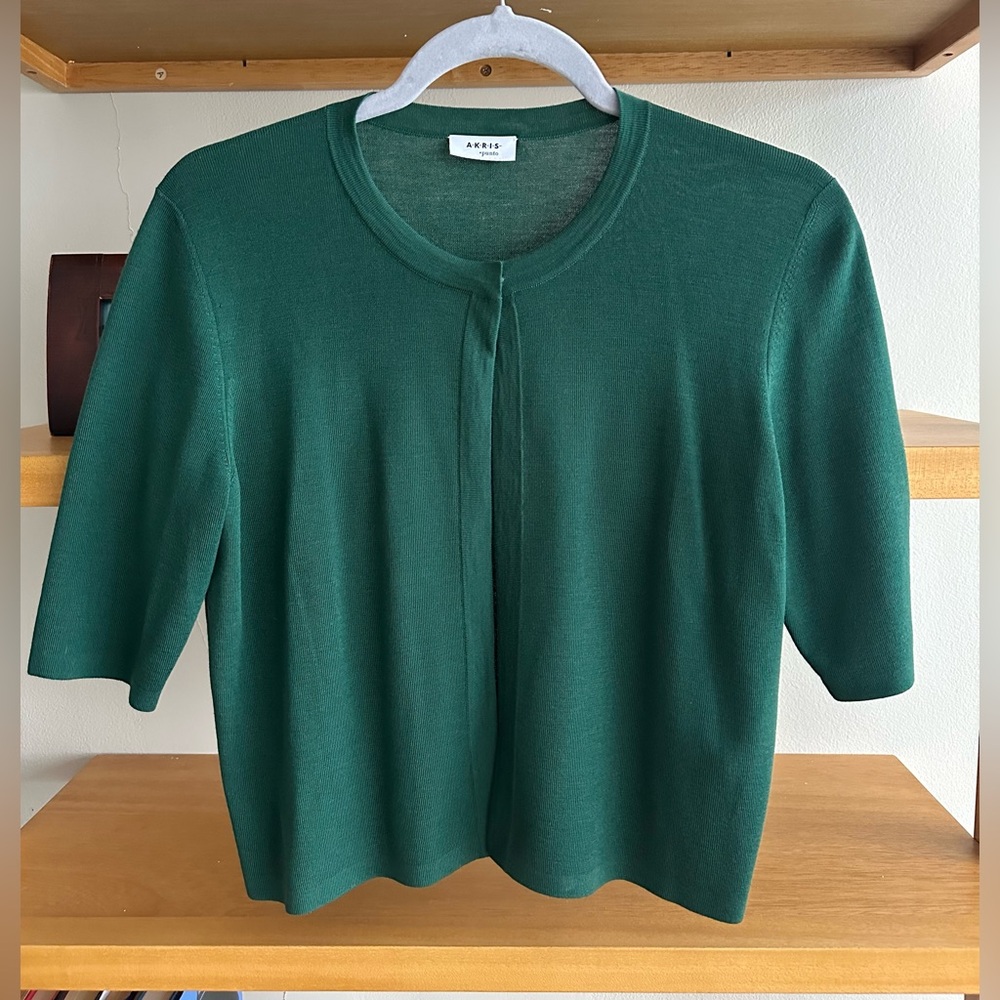 Akris Punto One Button Wool Green Cropped Cardigan - size L / US12